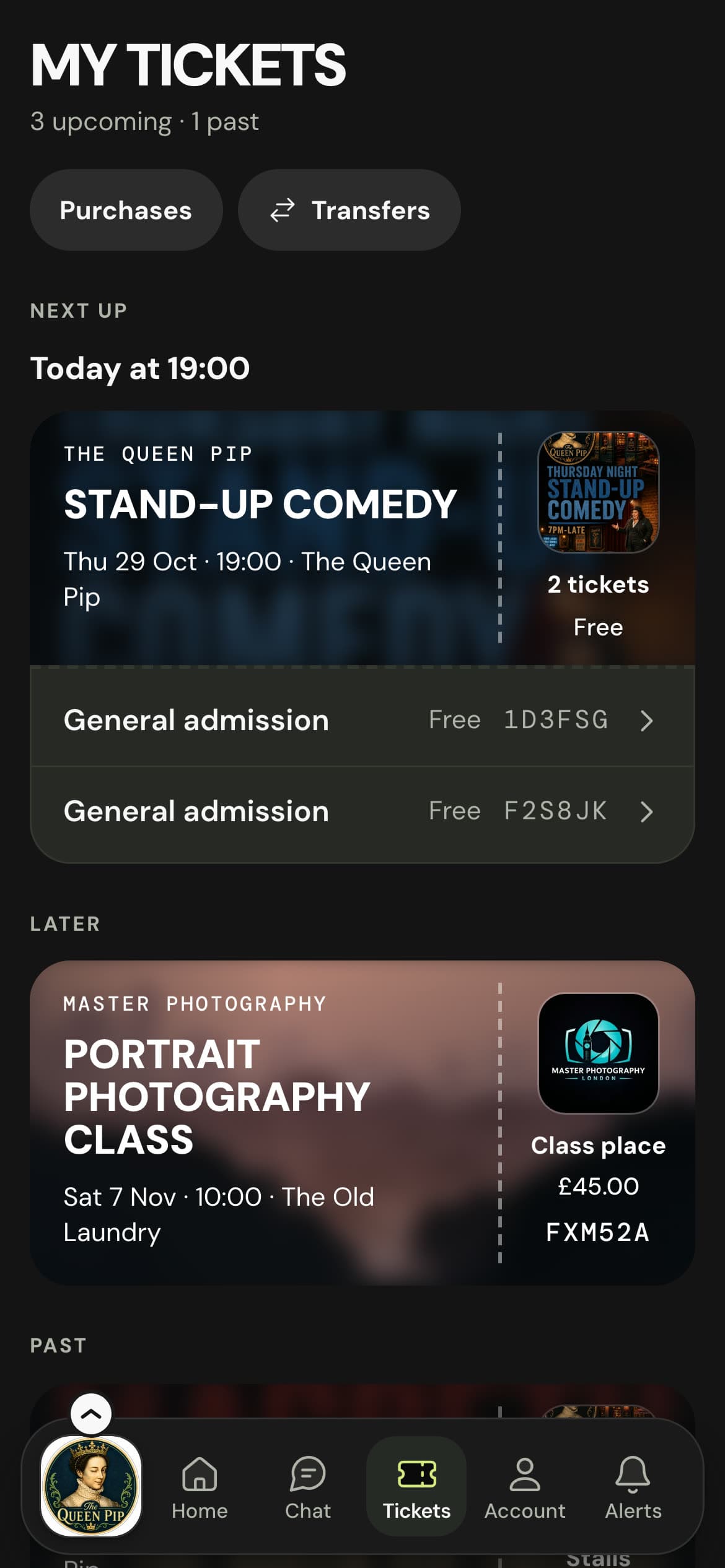 My tickets shows each ticket as a card with its event's flyer.