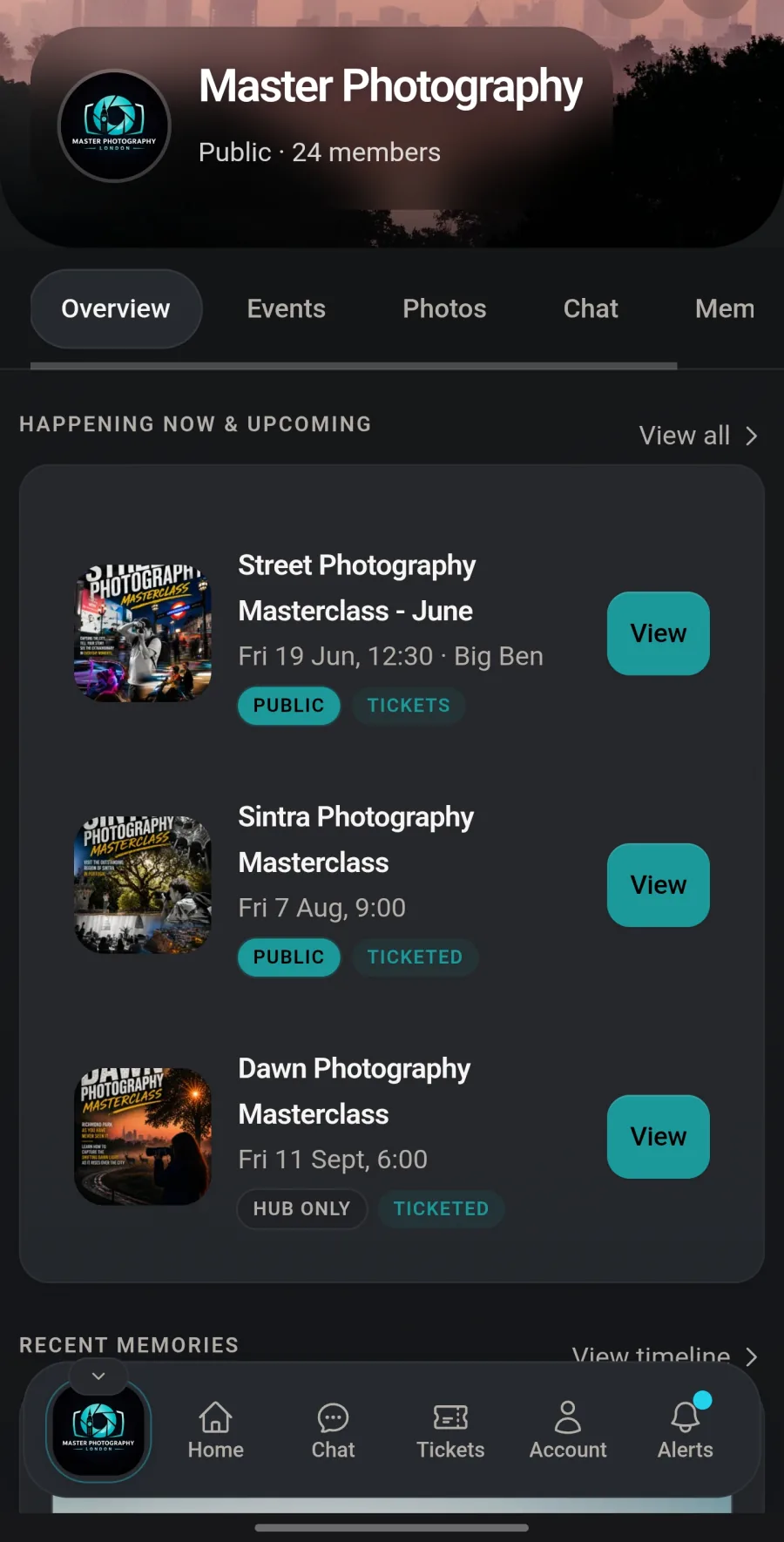 Hubbaly community hub for Master Photography London, showing upcoming events