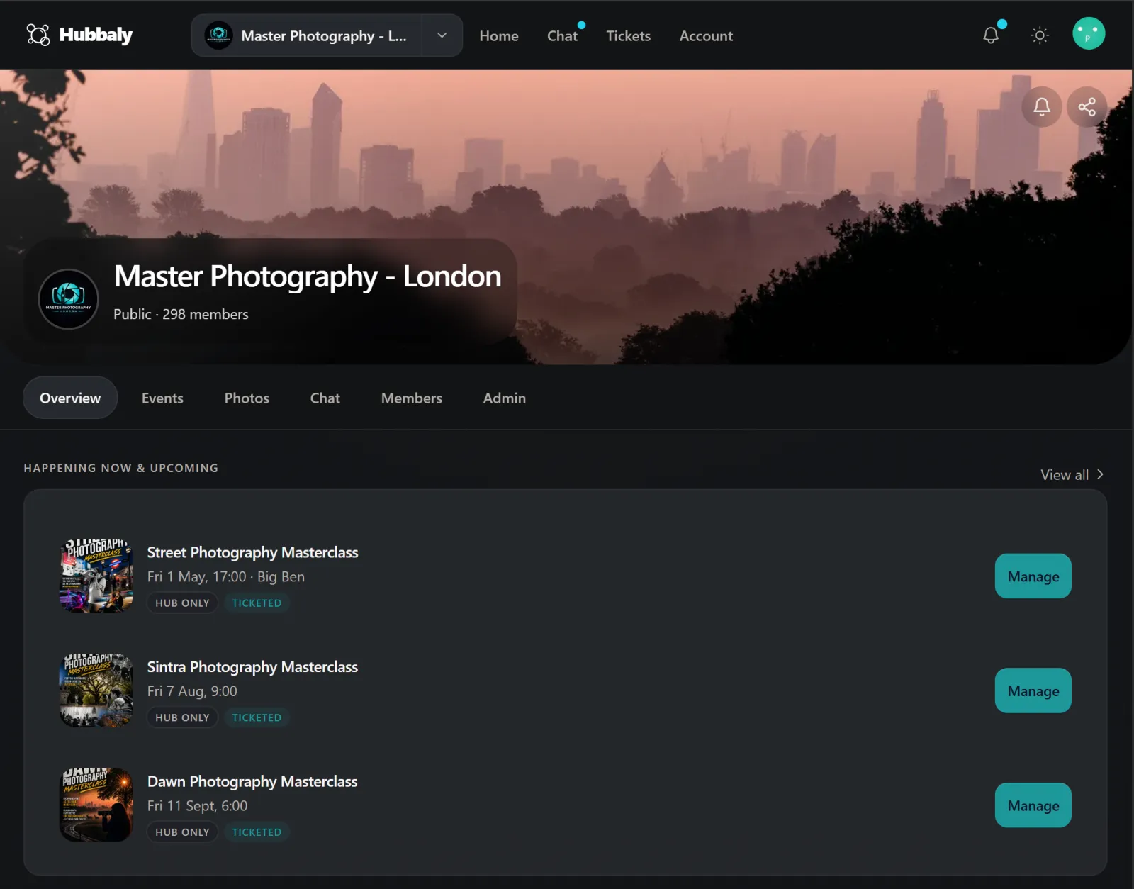 The Hubbaly organiser dashboard showing a community hub and its upcoming events